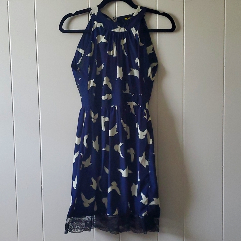 Navy Blue Dress with Bird Print and Lace Detail
